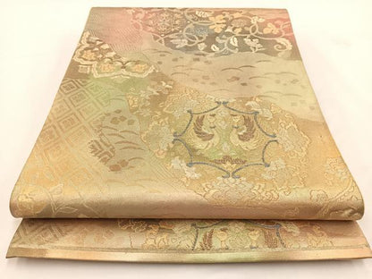 平和屋着物◎六通柄袋帯　向かい鳳凰更紗花文　金銀糸　引箔　正絹　逸品　BAAV7386yc