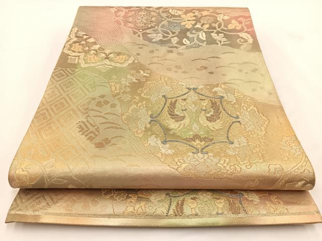 平和屋着物◎六通柄袋帯　向かい鳳凰更紗花文　金銀糸　引箔　正絹　逸品　BAAV7386yc