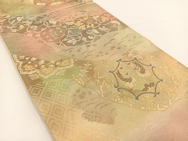 平和屋着物◎六通柄袋帯　向かい鳳凰更紗花文　金銀糸　引箔　正絹　逸品　BAAV7386yc