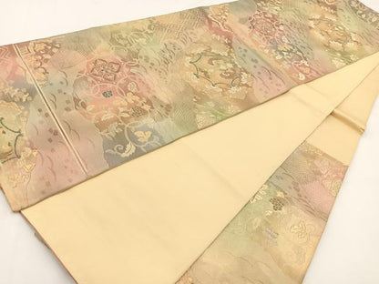 平和屋着物◎六通柄袋帯　向かい鳳凰更紗花文　金銀糸　引箔　正絹　逸品　BAAV7386yc