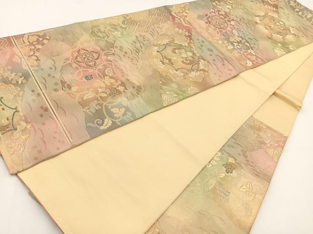 平和屋着物◎六通柄袋帯　向かい鳳凰更紗花文　金銀糸　引箔　正絹　逸品　BAAV7386yc