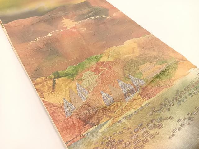 平和屋着物◎六通柄袋帯　風景文　金銀糸　引箔　正絹　逸品　BAAV7389yc