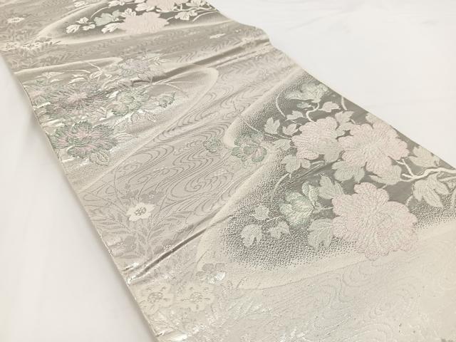 平和屋着物◎六通柄袋帯　唐織　プラチナ箔　流水花文　正絹　逸品　BAAV7390yc
