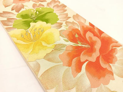 平和屋着物◎六通柄袋帯　唐織　草花文　金糸　正絹　逸品　BAAV7397yc