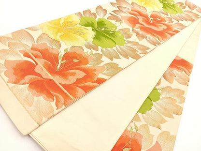 平和屋着物◎六通柄袋帯　唐織　草花文　金糸　正絹　逸品　BAAV7397yc
