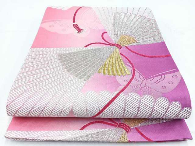 平和屋着物◎両面　全通柄袋帯　唐織　舞蝶結び紐文　金銀糸　正絹　逸品　BAAV7398yc