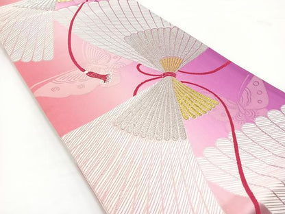 平和屋着物◎両面　全通柄袋帯　唐織　舞蝶結び紐文　金銀糸　正絹　逸品　BAAV7398yc