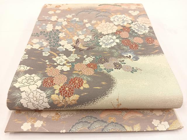 平和屋着物◎六通柄袋帯　唐織　つづれおり　花蝶文　金銀糸　正絹　逸品　BAAV7401yc