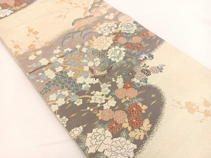 平和屋着物◎六通柄袋帯　唐織　つづれおり　花蝶文　金銀糸　正絹　逸品　BAAV7401yc