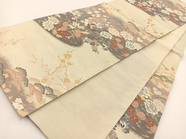 平和屋着物◎六通柄袋帯　唐織　つづれおり　花蝶文　金銀糸　正絹　逸品　BAAV7401yc
