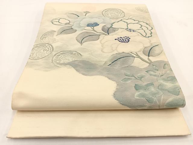 平和屋着物◎太鼓柄袋帯　すくい織　草花文　正絹　逸品　BAAV7404yc