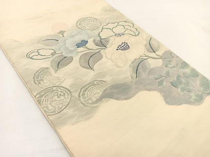 平和屋着物◎太鼓柄袋帯　すくい織　草花文　正絹　逸品　BAAV7404yc