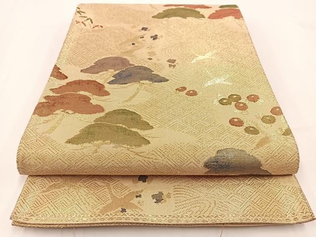 平和屋着物◎佐賀錦 六通柄袋帯 飛鶴草花文 金糸 正絹 逸品 BAAV7409yc