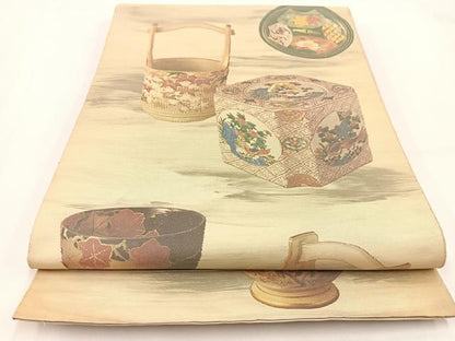平和屋着物◎六通柄袋帯 陶器花鳥文 引箔 正絹 逸品 BAAV7411yc