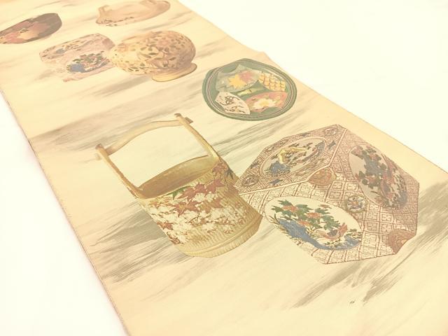 平和屋着物◎六通柄袋帯 陶器花鳥文 引箔 正絹 逸品 BAAV7411yc