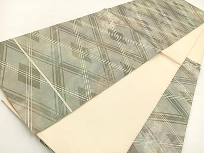 平和屋着物◎六通柄袋帯　菱天井文　銀糸　引箔　正絹　逸品　BAAV7416yc
