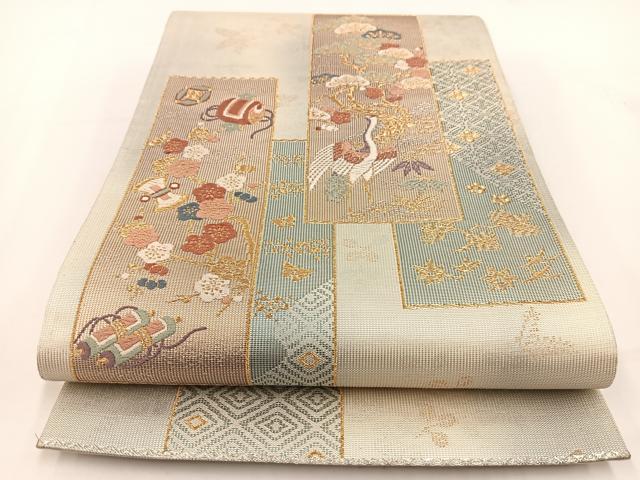 平和屋着物◎六通柄袋帯　唐織　織成　飛鶴短冊吉祥花文　金銀糸　正絹　逸品　BAAV7420yc