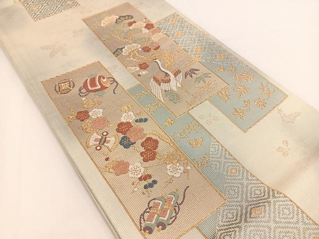 平和屋着物◎六通柄袋帯　唐織　織成　飛鶴短冊吉祥花文　金銀糸　正絹　逸品　BAAV7420yc