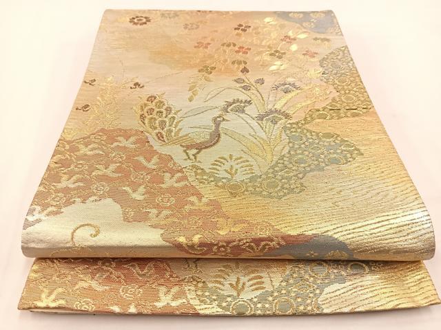 平和屋着物◎六通柄袋帯 孔雀花文 金銀糸 引箔 正絹 逸品 BAAV7427yc