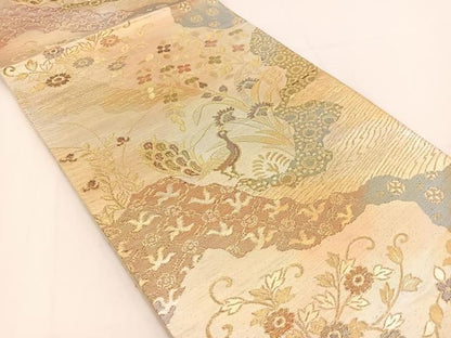 平和屋着物◎六通柄袋帯 孔雀花文 金銀糸 引箔 正絹 逸品 BAAV7427yc