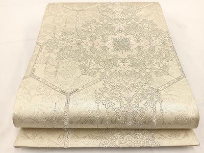 平和屋着物◎六通柄袋帯 唐織 吉祥華飾花文 銀糸 正絹 逸品 BAAV7428yc