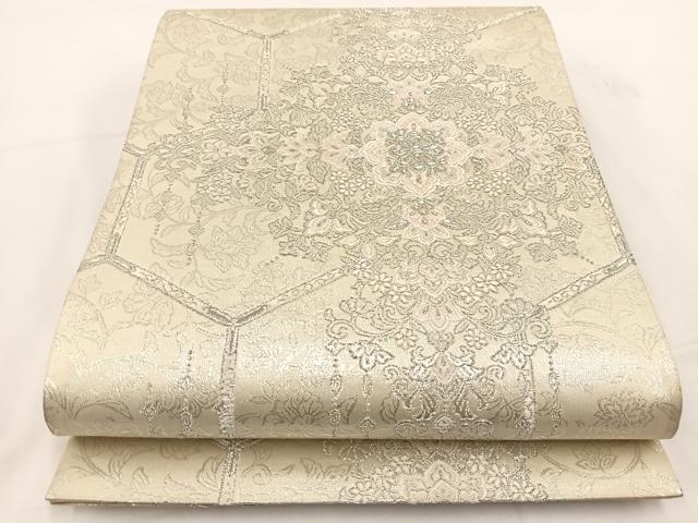 平和屋着物◎六通柄袋帯 唐織 吉祥華飾花文 銀糸 正絹 逸品 BAAV7428yc