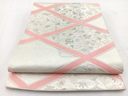 平和屋着物◎六通柄袋帯 唐織 飛鶴宝尽くし菱文 銀糸 正絹 逸品 BAAV7430yc