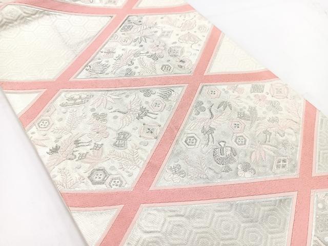 平和屋着物◎六通柄袋帯 唐織 飛鶴宝尽くし菱文 銀糸 正絹 逸品 BAAV7430yc