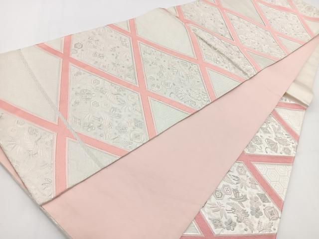 平和屋着物◎六通柄袋帯 唐織 飛鶴宝尽くし菱文 銀糸 正絹 逸品 BAAV7430yc