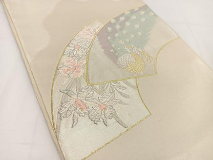平和屋着物◎太鼓柄袋帯　唐織　地紙孔雀花文　金銀糸　正絹　逸品　BAAV7431yc