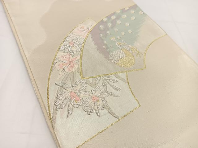 平和屋着物◎太鼓柄袋帯　唐織　地紙孔雀花文　金銀糸　正絹　逸品　BAAV7431yc