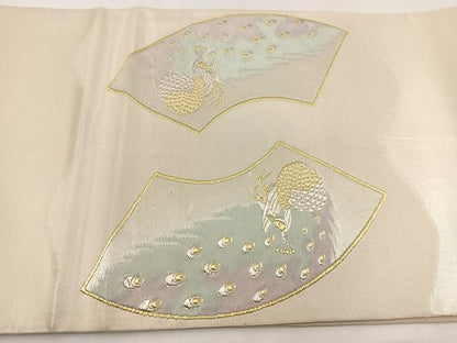 平和屋着物◎太鼓柄袋帯　唐織　地紙孔雀花文　金銀糸　正絹　逸品　BAAV7431yc