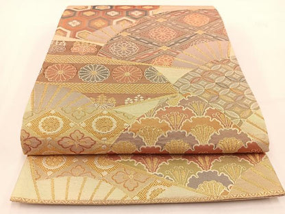 平和屋着物◎佐賀錦　六通柄袋帯　扇面花文　金糸　正絹　逸品　BAAV7442yc