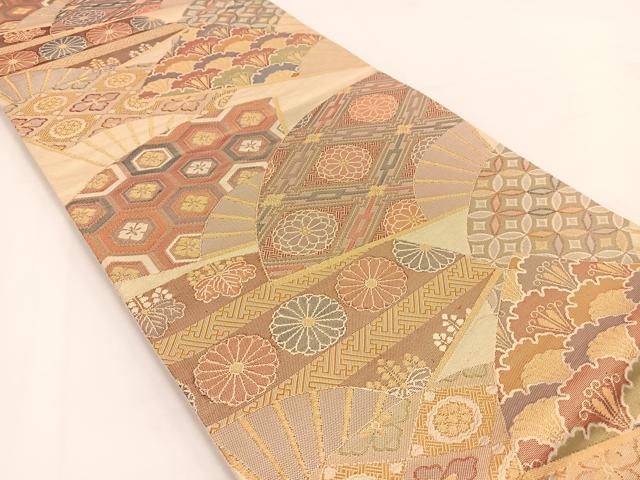 平和屋着物◎佐賀錦　六通柄袋帯　扇面花文　金糸　正絹　逸品　BAAV7442yc
