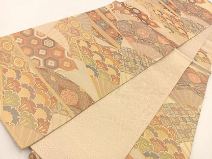 平和屋着物◎佐賀錦　六通柄袋帯　扇面花文　金糸　正絹　逸品　BAAV7442yc