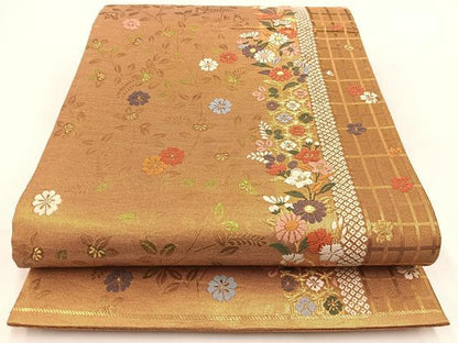 平和屋着物◎佐賀錦　六通柄袋帯　唐織　草花間道　金糸　正絹　逸品　BAAV7452yc