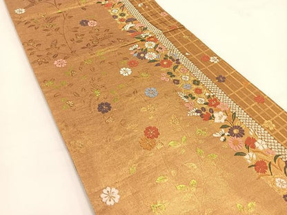 平和屋着物◎佐賀錦　六通柄袋帯　唐織　草花間道　金糸　正絹　逸品　BAAV7452yc