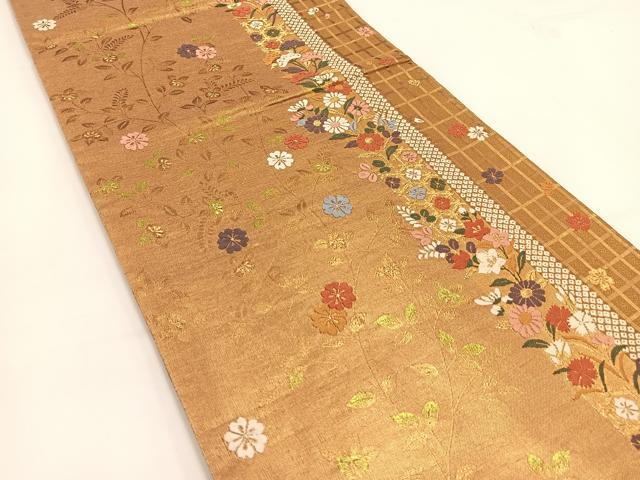 平和屋着物◎佐賀錦　六通柄袋帯　唐織　草花間道　金糸　正絹　逸品　BAAV7452yc