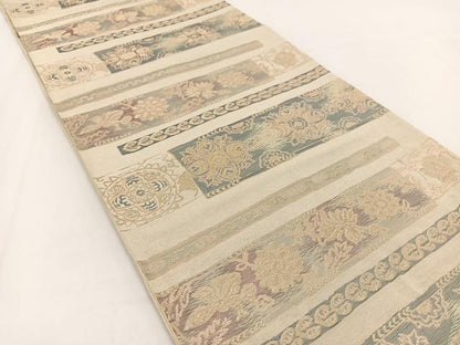 平和屋着物◎六通柄袋帯　横段更紗花鳥文　金銀糸　正絹　逸品　BAAV7454yc