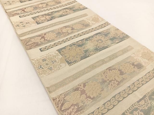 平和屋着物◎六通柄袋帯　横段更紗花鳥文　金銀糸　正絹　逸品　BAAV7454yc