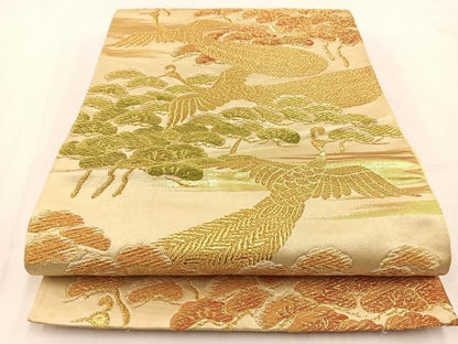 平和屋着物◎六通柄袋帯　唐織　孔雀松文　金糸　正絹　逸品　BAAV7460yc