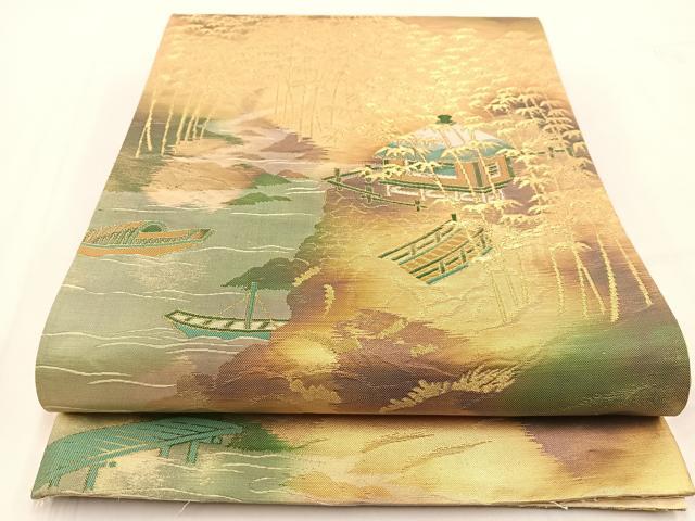 平和屋着物◎六通柄袋帯　御所解風景文　金糸　引箔　正絹　逸品　BAAV7463yc