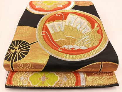 平和屋着物◎六通柄袋帯　唐織　花蝶扇丸文　黒地　金銀糸　正絹　逸品　BAAV7467yc