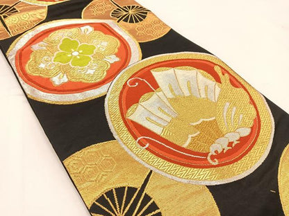平和屋着物◎六通柄袋帯　唐織　花蝶扇丸文　黒地　金銀糸　正絹　逸品　BAAV7467yc