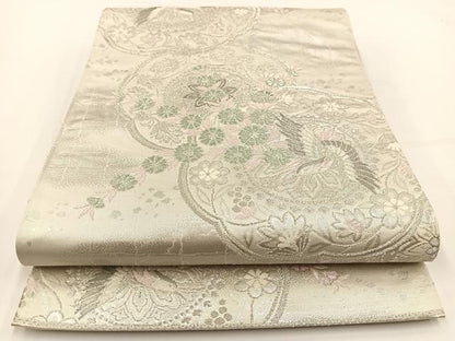 平和屋着物◎六通柄袋帯 花鳥文 銀糸 正絹 逸品 BAAV7468yc