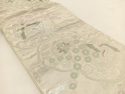 平和屋着物◎六通柄袋帯 花鳥文 銀糸 正絹 逸品 BAAV7468yc