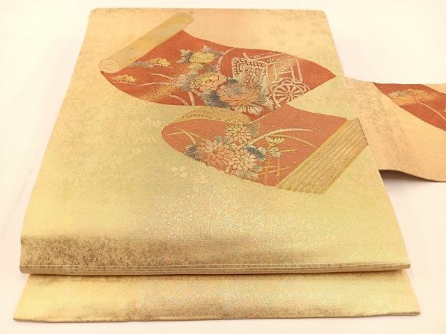 平和屋着物◎九寸名古屋帯 御所車花絵巻文 金銀彩 引箔 正絹 逸品 BAAV7472yc