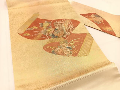 平和屋着物◎九寸名古屋帯 御所車花絵巻文 金銀彩 引箔 正絹 逸品 BAAV7472yc