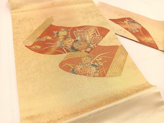 平和屋着物◎九寸名古屋帯 御所車花絵巻文 金銀彩 引箔 正絹 逸品 BAAV7472yc