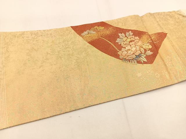 平和屋着物◎九寸名古屋帯 御所車花絵巻文 金銀彩 引箔 正絹 逸品 BAAV7472yc